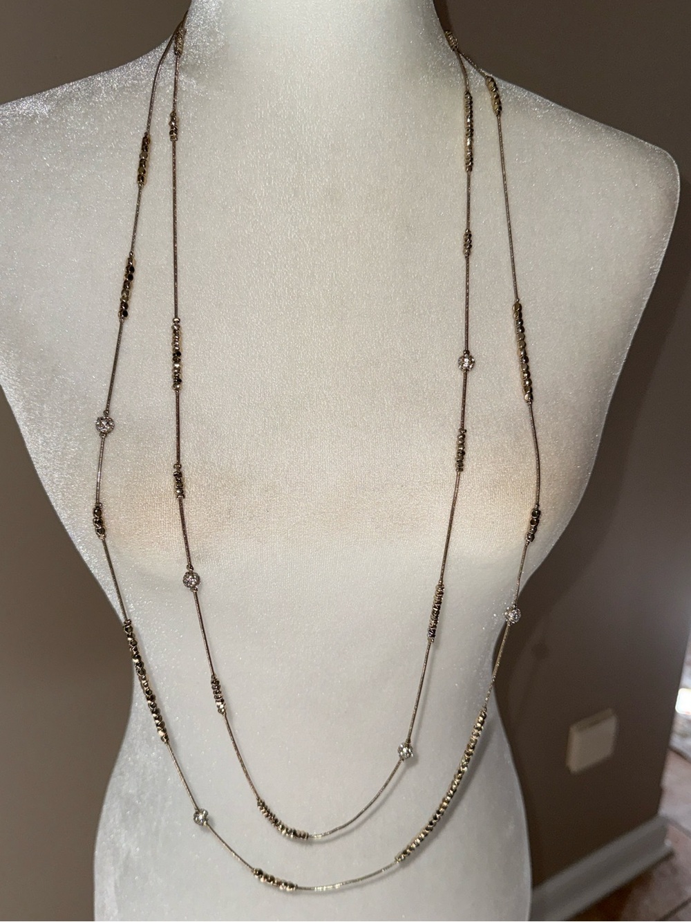 Chico’s Long Layered Gold and Silver Station Necklace, NWT